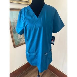 NWT Cherokee Workwear Revolution Scrub Top Teal Blue S Stretch